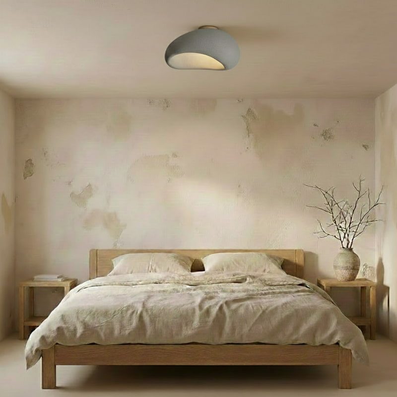 Bedroom with wooden bed, nightstands, and Gray Nordic Ceiling Lamp.