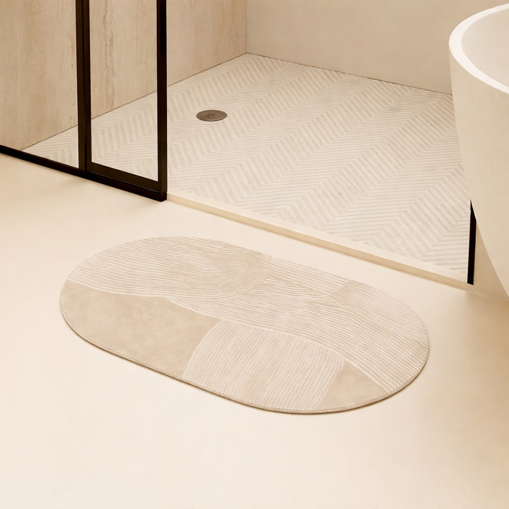 Beige japandi bath mat on a floor with a shower area in the background