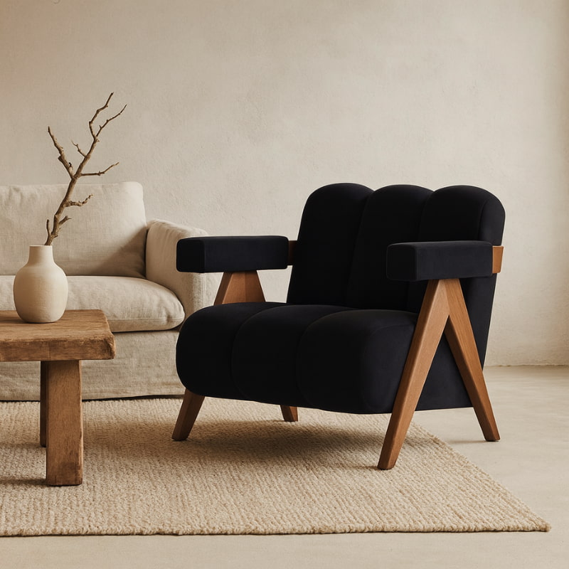 Black Japandi Style Armchair with wooden legs in a living room setting