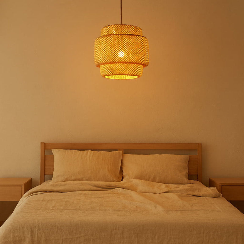 Bedroom with wooden headboard, beige bedding, and a Japandi Style Lighting.