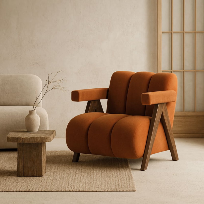 Orange Japandi armchair in a room with a neutral color scheme