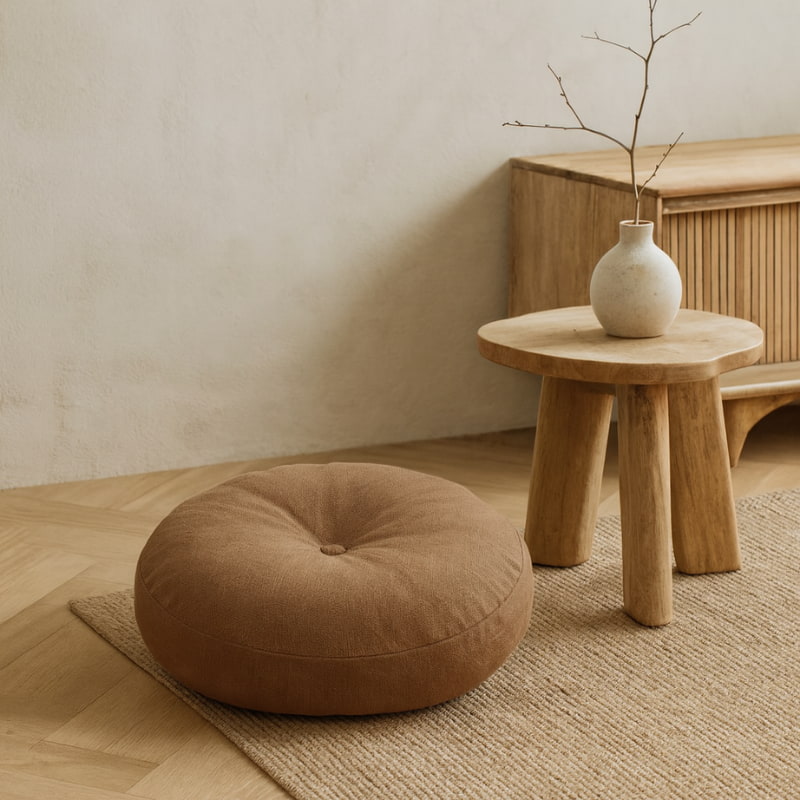 Brown Japanese Sitting Cushion on a wooden floor with a small wooden table and vase in the background.