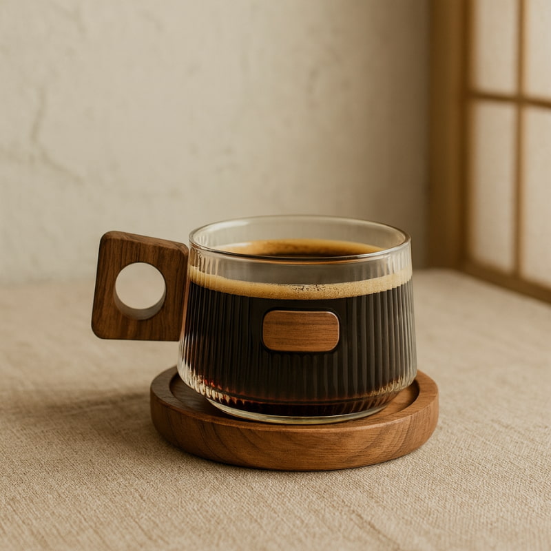 Japanese wabi sabi cup with wooden handle and base on a textured mat