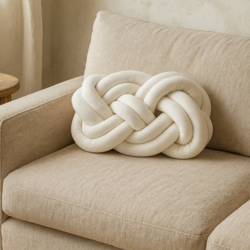 Decorative knitted pillow on a beige armchair