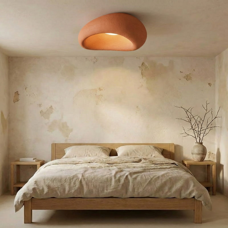Bedroom with wooden bed, bedside tables, and a Nordic Ceiling Lamp.