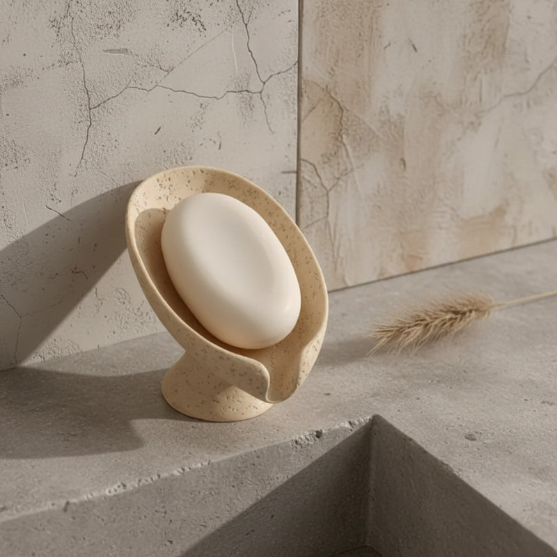 Beige soap holder on a textured surface with a stone wall background
