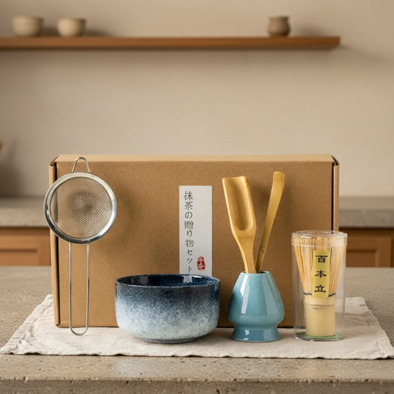 Tea Set Matcha with a box, bowl, whisk, spoon, and glass on a wooden surface.