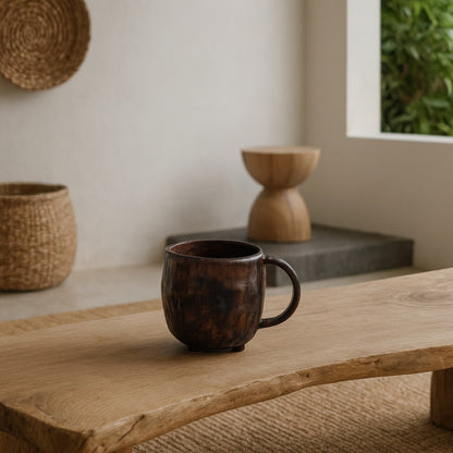 Tea Cup Wabi Sabi on a wooden surface with a neutral background