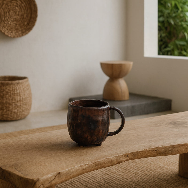 Tea Cup Wabi Sabi on a wooden surface with a neutral background