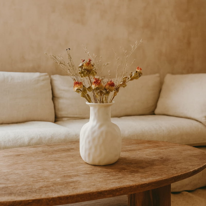 Vase Wabi Sabi Style with dried flowers on a wooden table in a living room setting