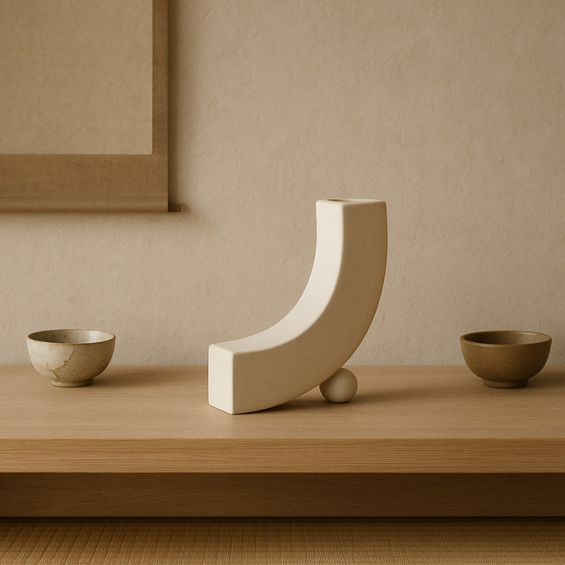 Minimalist vase design wabi sabi and bowls on a wooden surface with a beige wall background