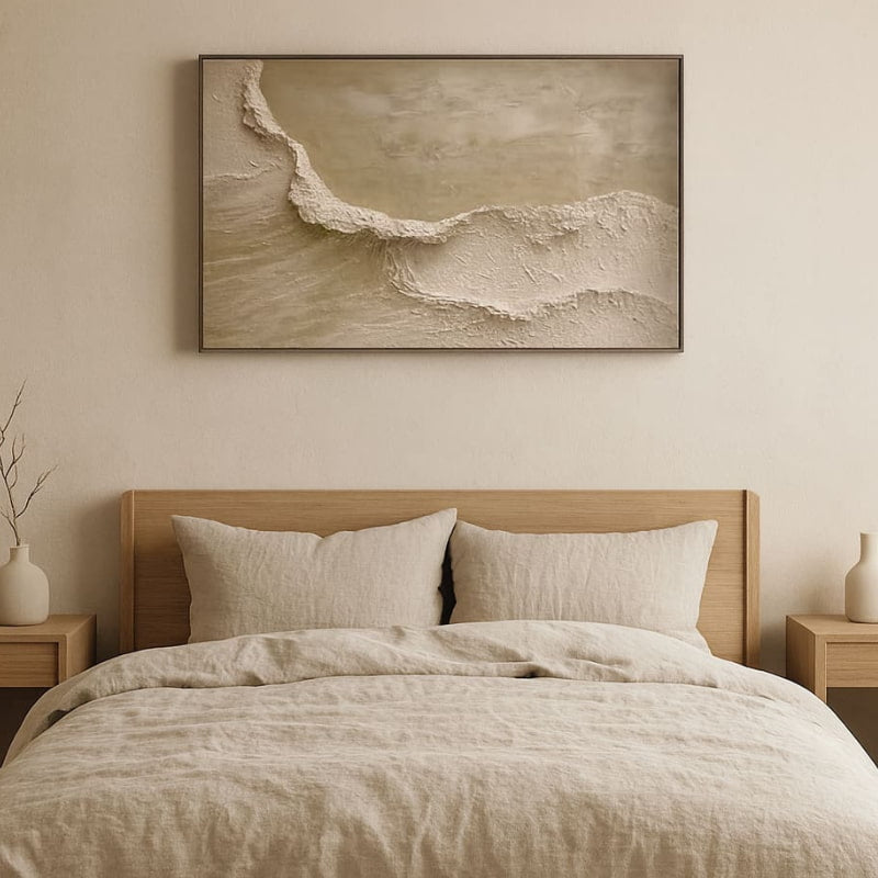 Bedroom with wooden headboard, beige bedding, and Wabi Sabi Bedroom Decor.