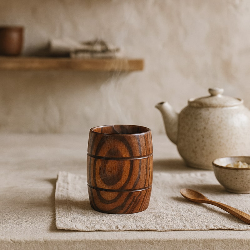 Wabi Sabi Coffee Mug on a textured surface with a teapot and bowl in the background
