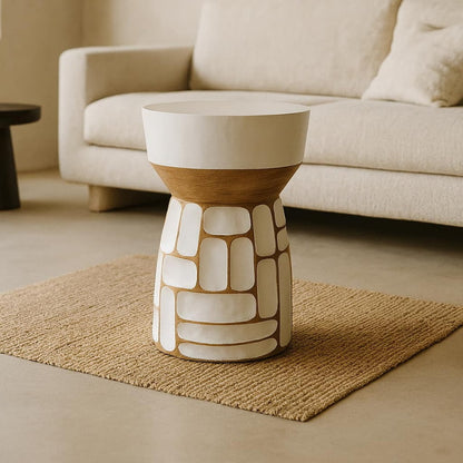 Wabi Sabi Hand Painted Stool in a living room with beige sofa.