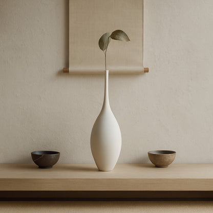 White wabi sabi design pot with a single leaf on a wooden shelf against a beige wall