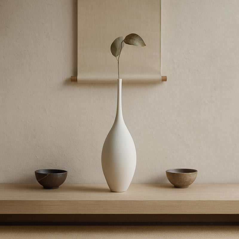 White wabi sabi design pot with a single leaf on a wooden shelf against a beige wall