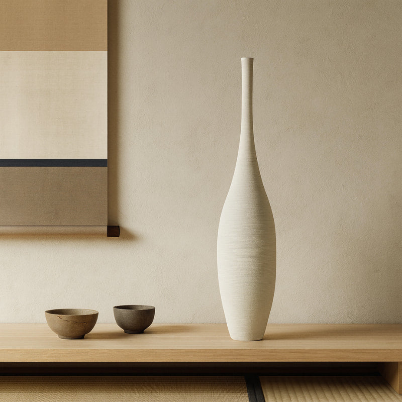Wabi sabi white vase on a wooden surface with a neutral background