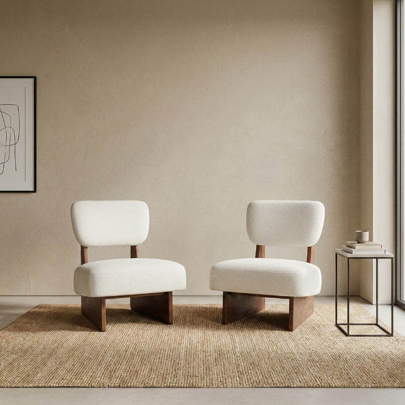 White Accent Chair Set Of 2 with wooden legs in a minimalistic room.