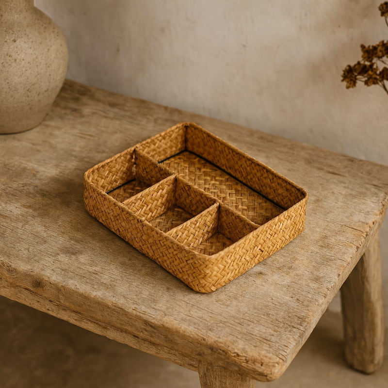 Woven Wicker Desk Organizer on a wooden surface with a neutral background