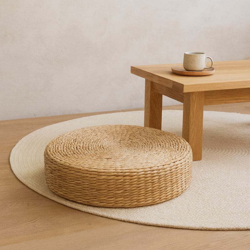 Woven Cushion on a wooden floor with a small wooden table and cup in the background.