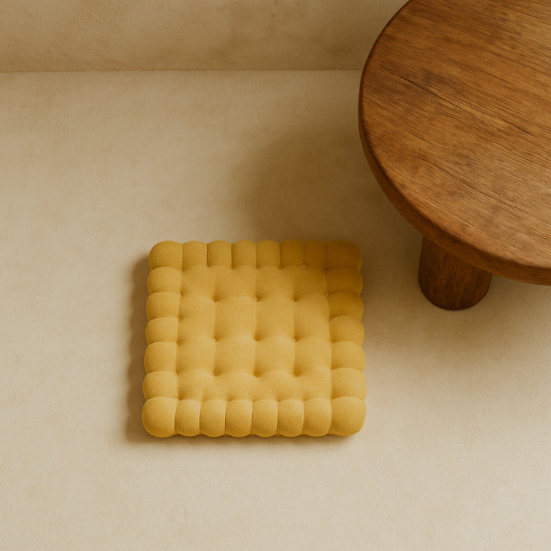 Yellow Floor Cushion in a wabi sabi living room.