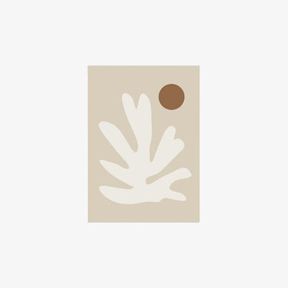 abstract art prints on canvas​ white leaf design and brown circle on a beige background