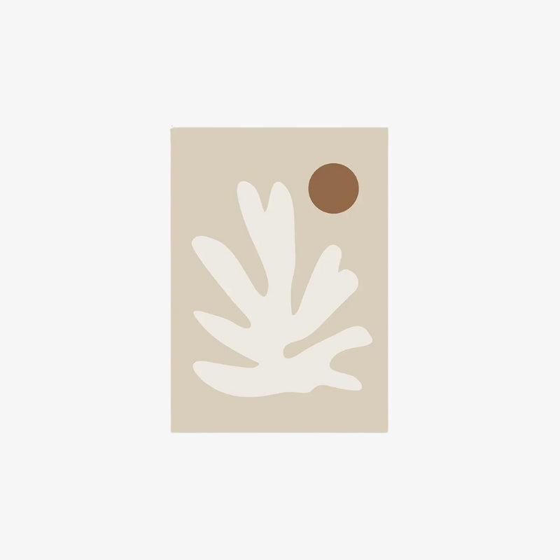 abstract art prints on canvas​ white leaf design and brown circle on a beige background