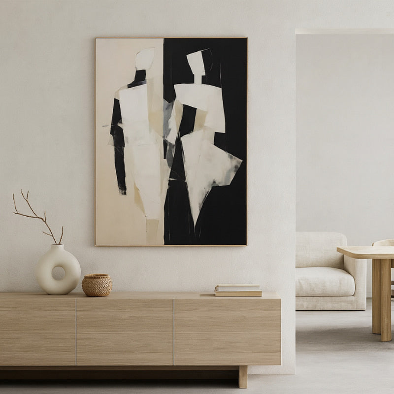 abstract canvas wall decor​ in a wabi sabi style living room. 