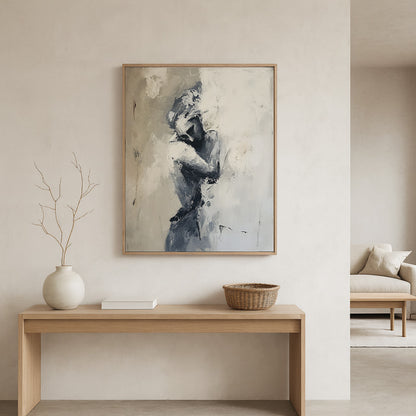 abstract painting home decor​ above a wooden console in a wabi sabi style living room. 