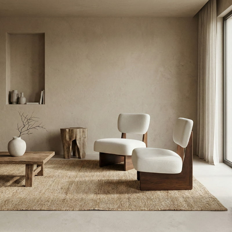 accent wooden chair​ with white cushions in a minimalistic room with neutral colors.