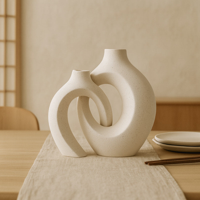 Two white ceramic aesthetic vases with circular designs on a table with a neutral background