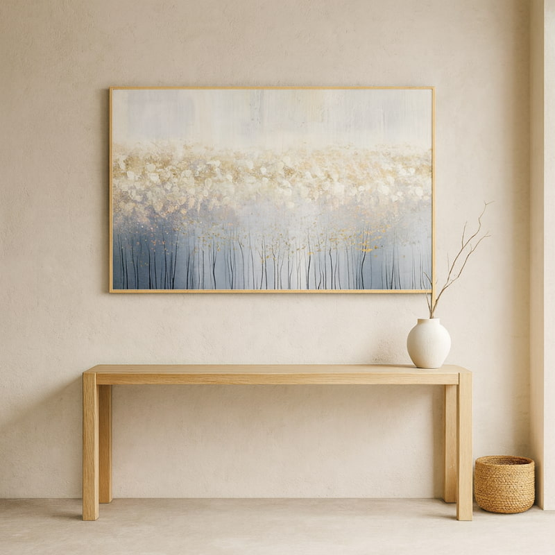 Abstract painting art of imperfection wabi sabi​ on a wall above a wooden console table with decorative items.