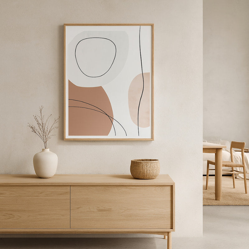 Modern interior with arte wabi sabi​, wooden cabinet, and minimal decor.