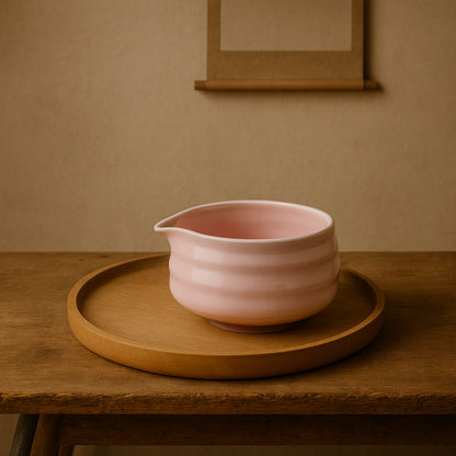 Pink authentic matcha bowl​ pink on a wooden tray against a beige wall