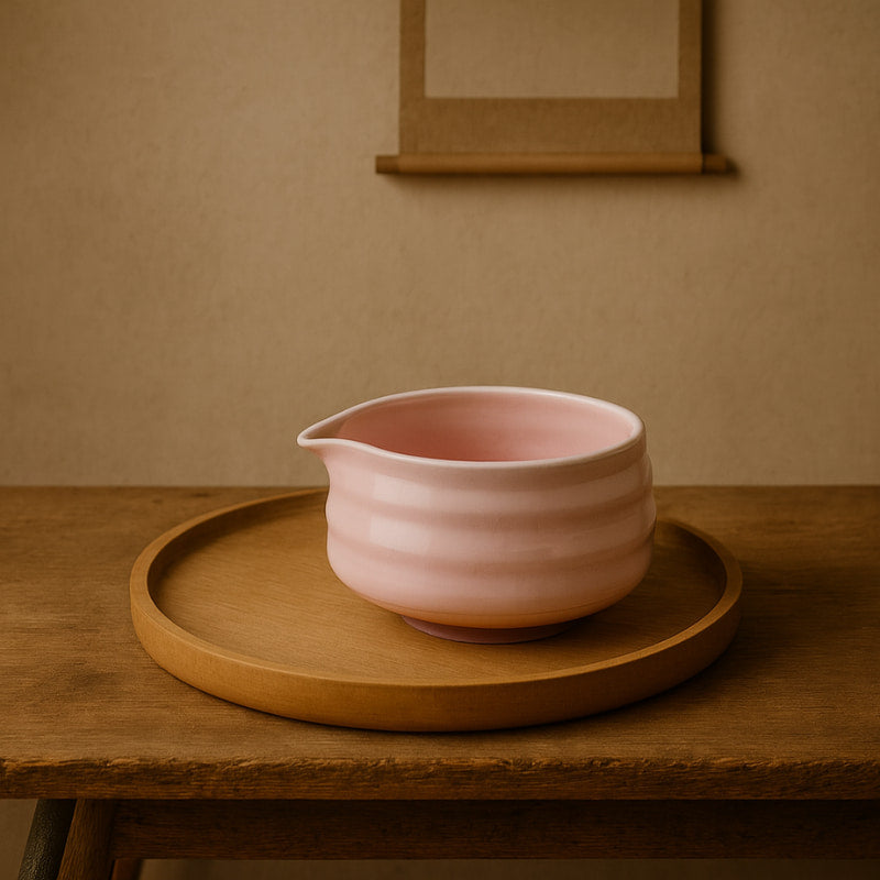 Pink authentic matcha bowl​ pink on a wooden tray against a beige wall