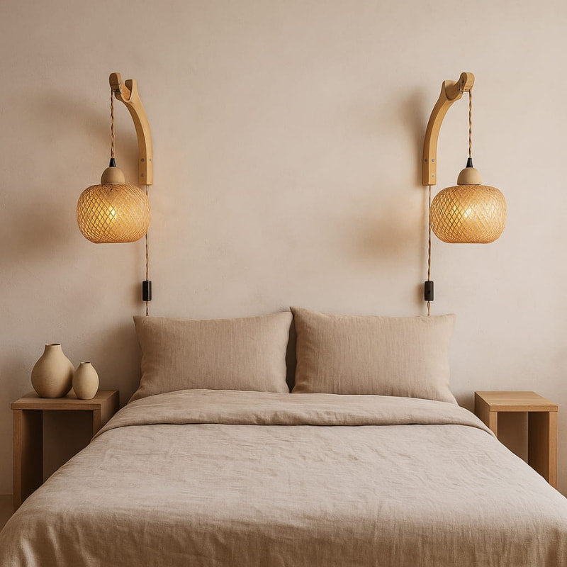 Bedroom with two bamboo wall lamp​casting a warm glow on a bed with beige bedding.