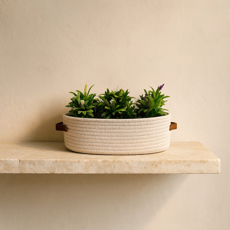 Basket with leather handles​ with plants on a wooden shelf against a beige wall