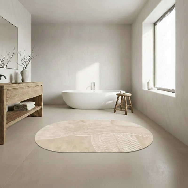 behr wabi sabi bathroom​ with a japandi bath mat.