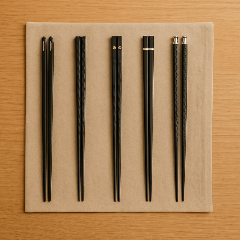 Set of five black chopsticks on a beige mat with a wooden background