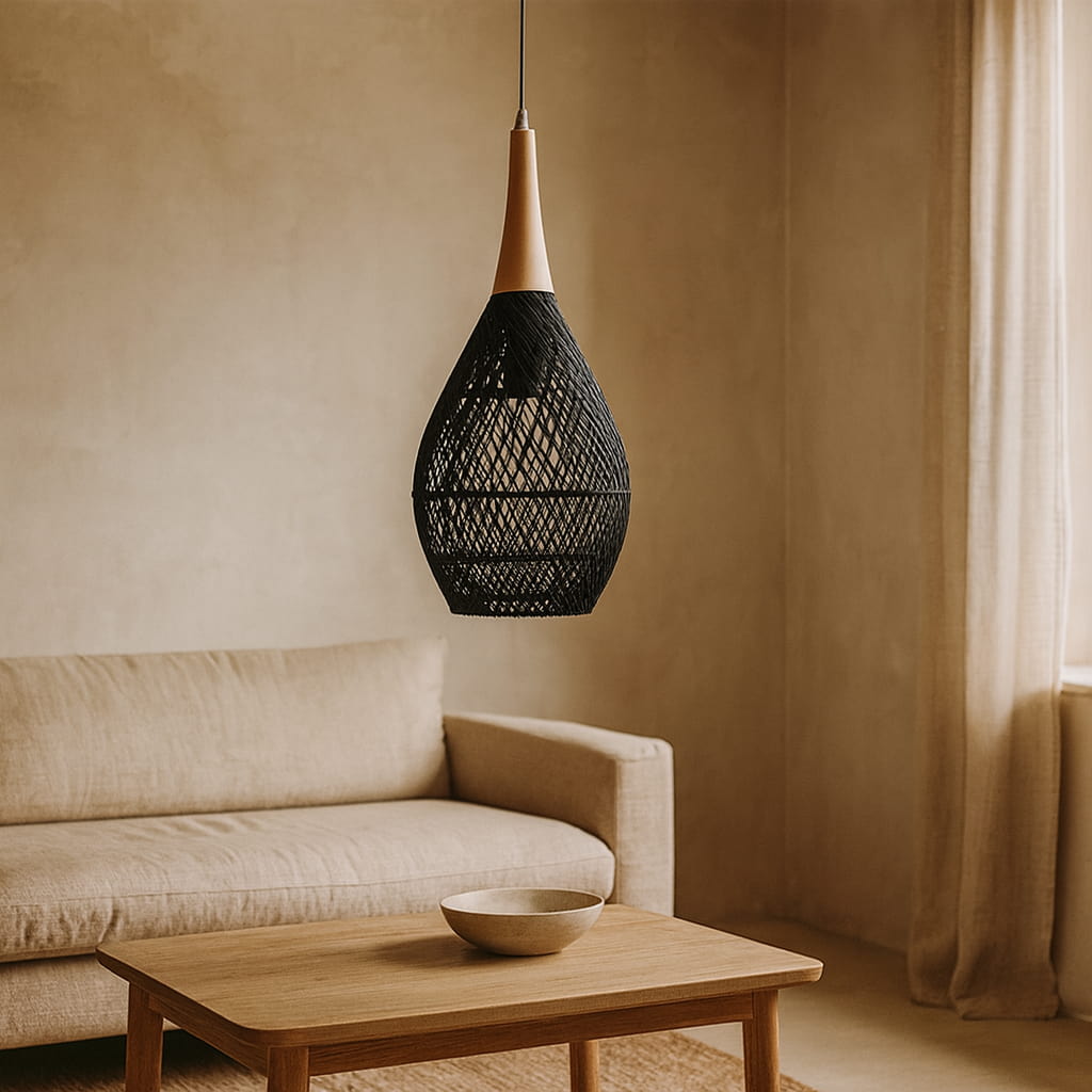 Black wicker pendant light​​​ hanging above a beige sofa and wooden coffee table in a room with beige walls and curtains.