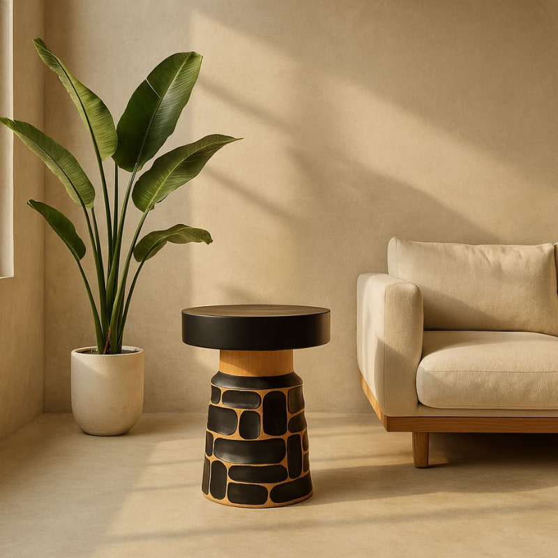 Decorative black wooden stool with a plant and beige sofa in a room with warm lighting
