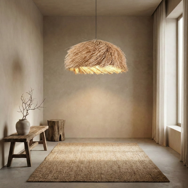 boho hanging lamp shades​ in a room with neutral walls, a rug, and a bench.