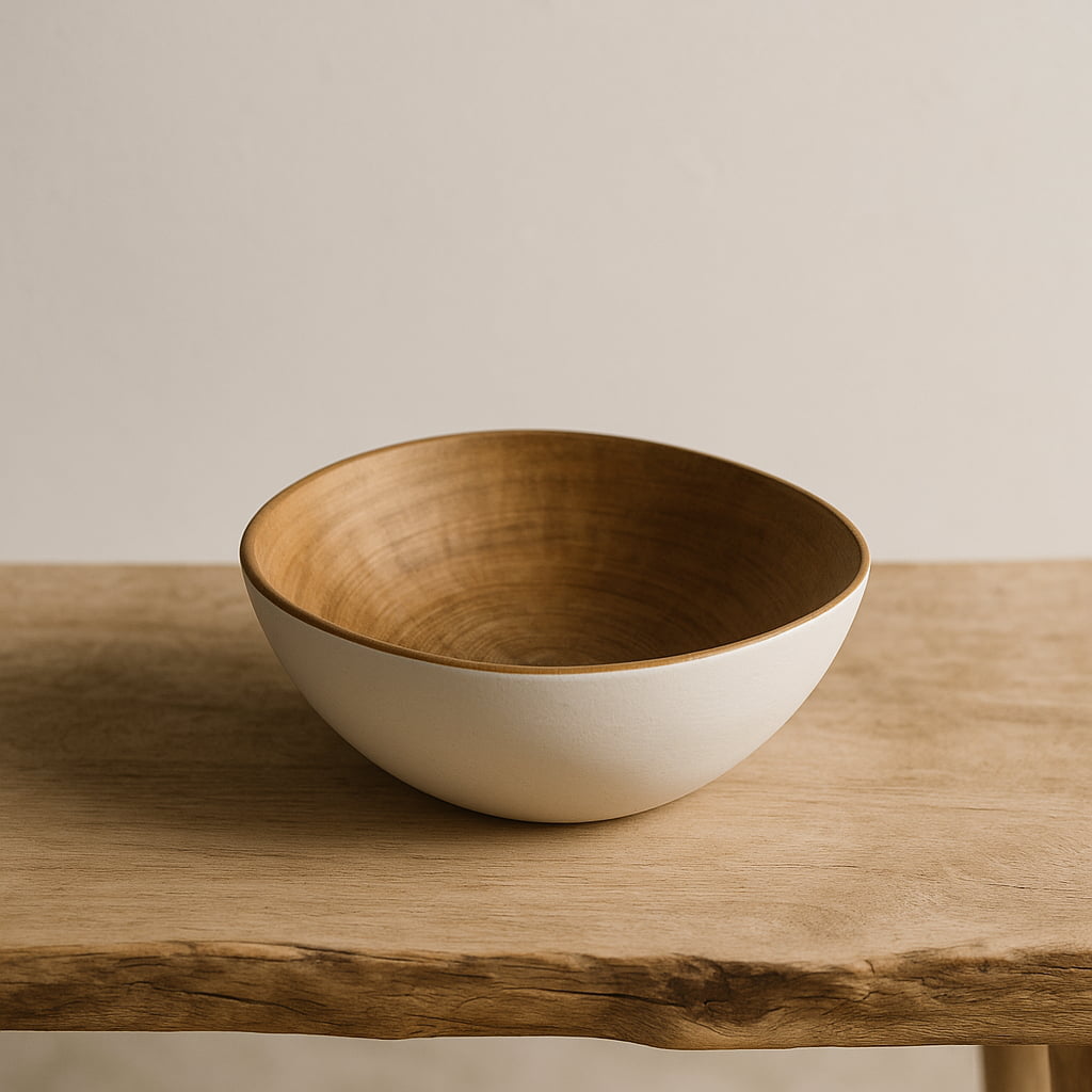 Wooden bowl design on a wooden surface with a neutral background
