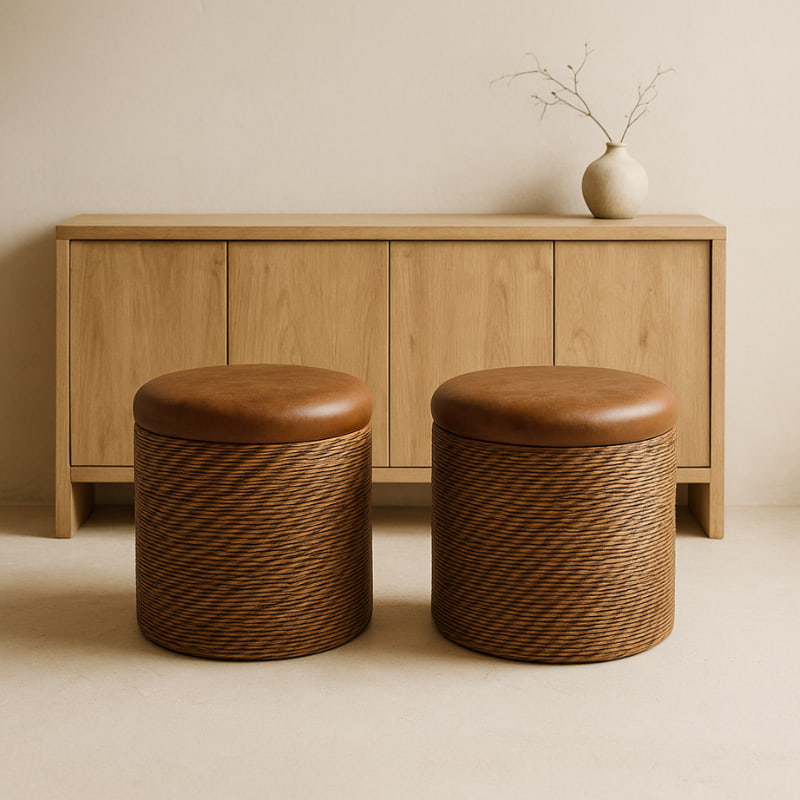 Two brown wicker ottoman​ in front of a wooden cabinet with a minimalistic background.