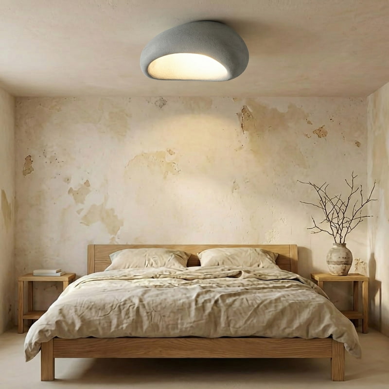 Bedroom with wooden bed, nightstands, and a ceiling lamp designs.