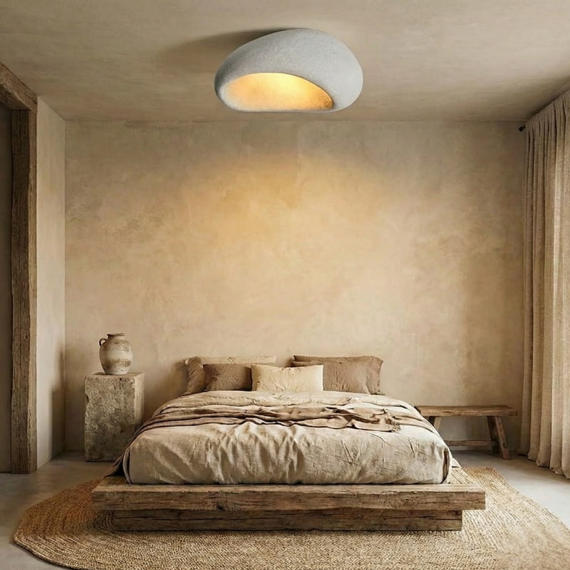 Bedroom with wooden bed, celling lamp nordic​, and textured walls.