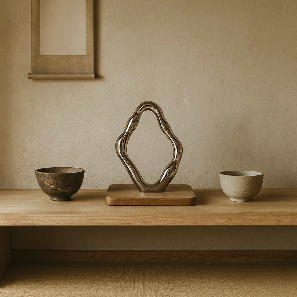 ceramic art mirrors​ on a wooden shelf with two ceramic bowls against a beige wall.
