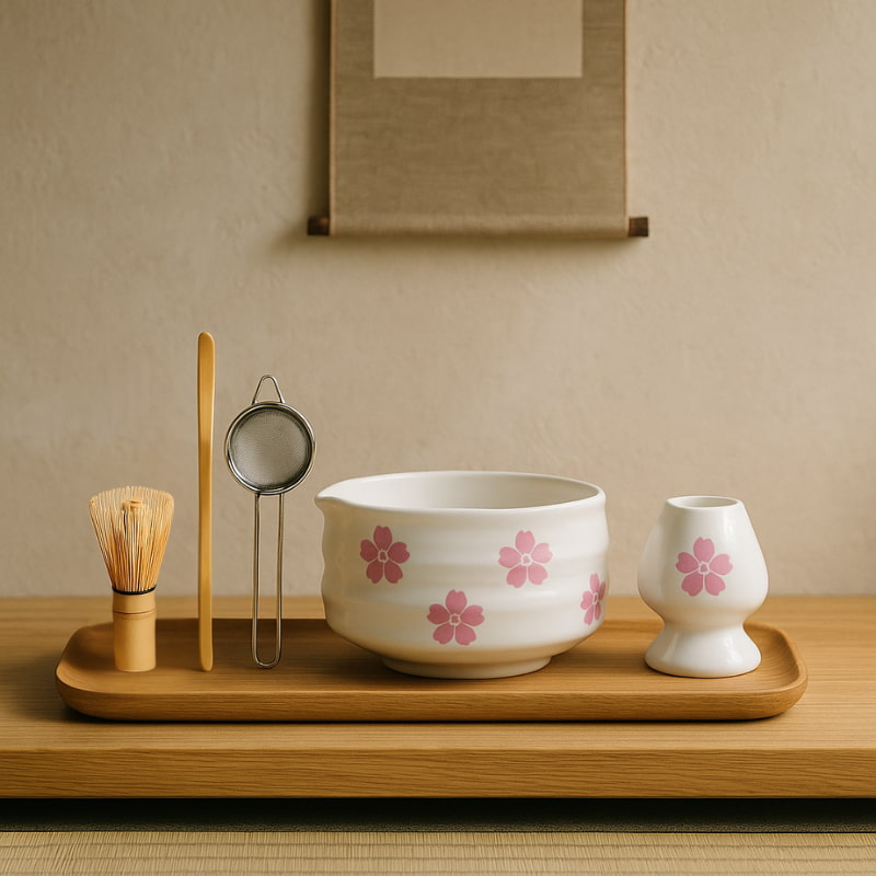 Tea-making ceramic design heritage​ set with a bowl, whisk, and small cup on a wooden tray against a beige wall.