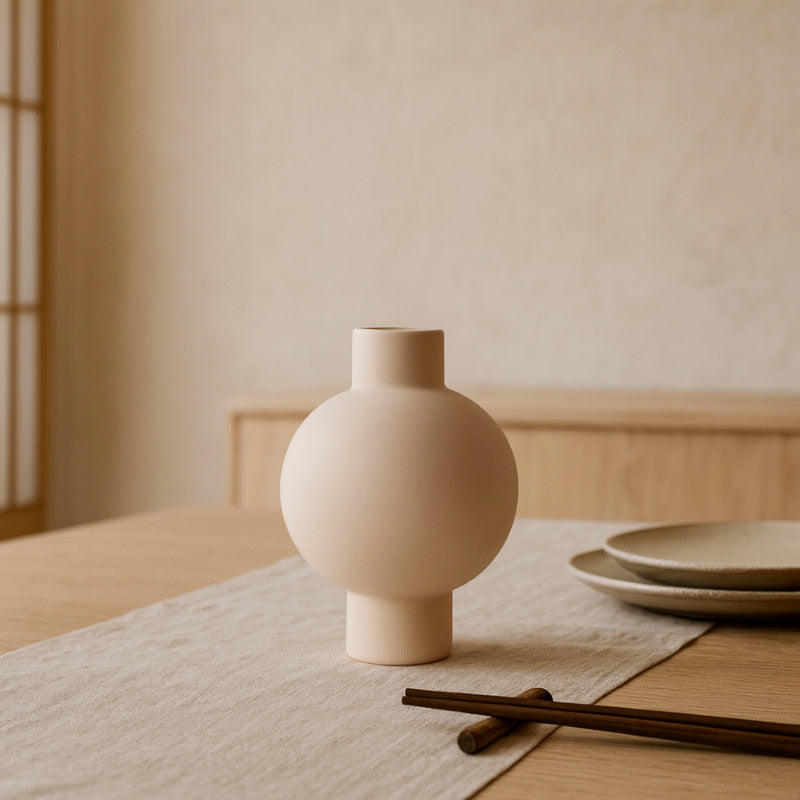Beige ceramic handmade clay vase​ on a table with a neutral background