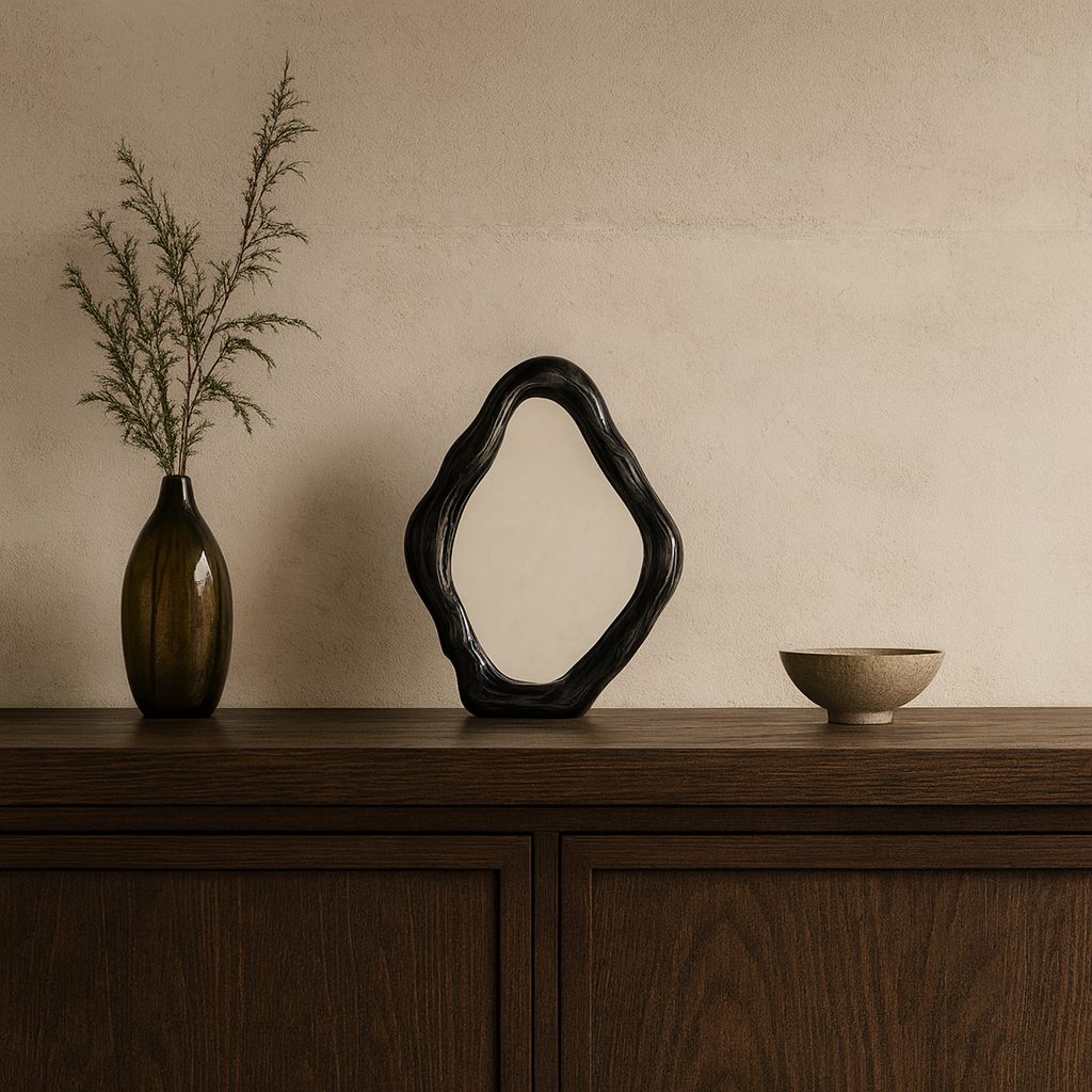 Decorative items including a vase, sculpture, and ceramic mirror on a wooden surface with a beige wall background.